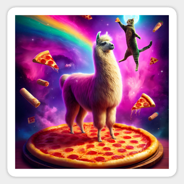 Funny Cat, Llama with Pizza and Tacos Vibrant Sticker by logiamerch