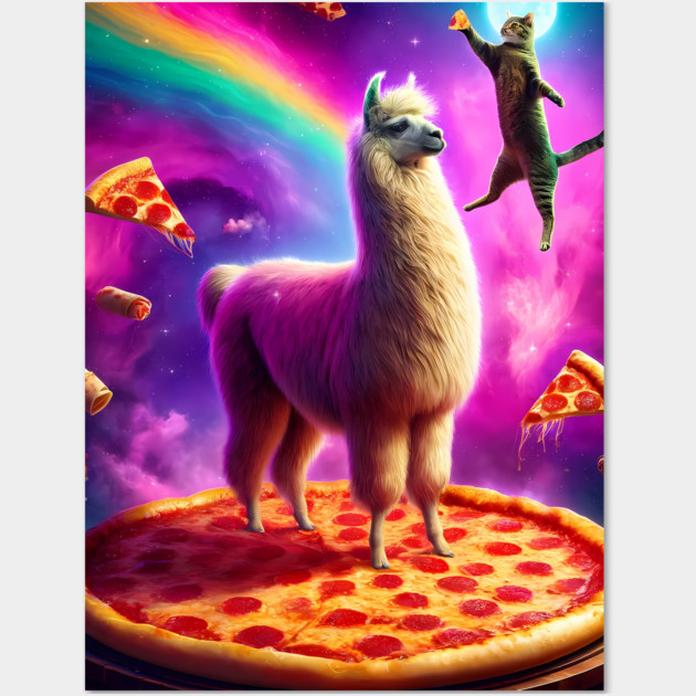 Funny Cat, Llama with Pizza and Tacos Vibrant Wall Art by logiamerch