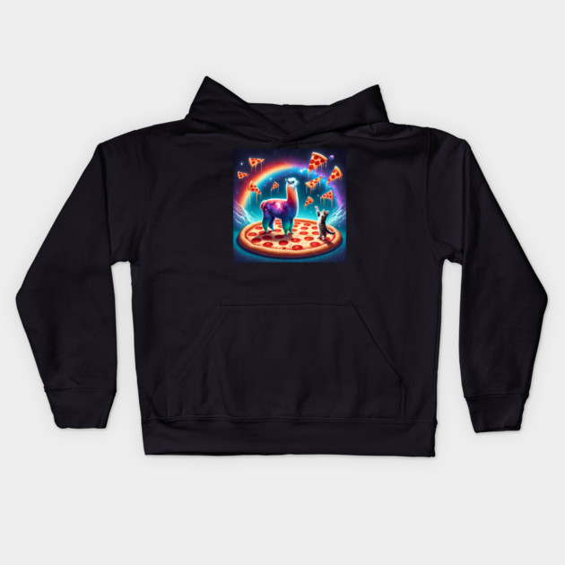 Funny Cat, Llama with Pizza Vibrant Kids Hoodie by logiamerch
