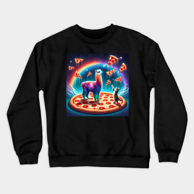 Funny Cat, Llama with Pizza Vibrant Crewneck Sweatshirt by logiamerch