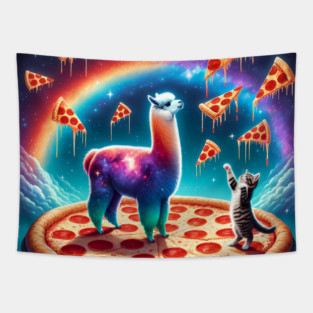 Funny Cat, Llama with Pizza Vibrant Tapestry