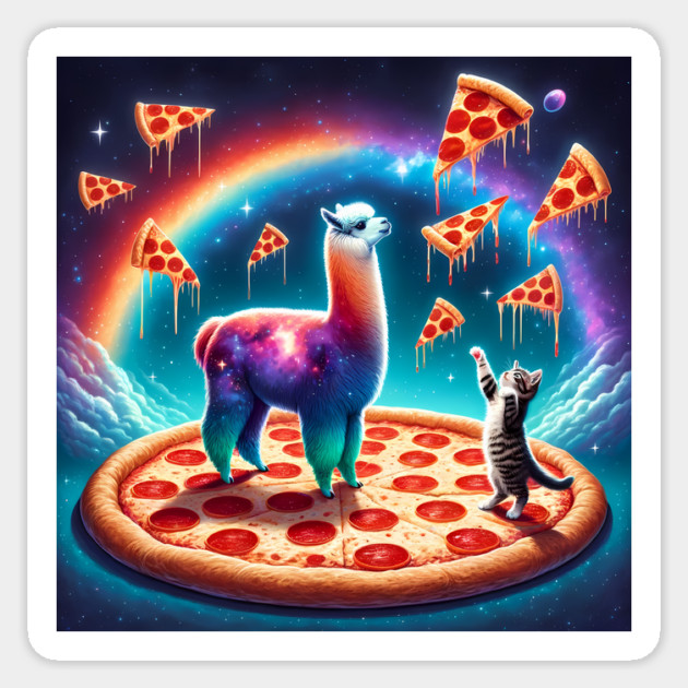 Funny Cat, Llama with Pizza Vibrant Sticker by logiamerch