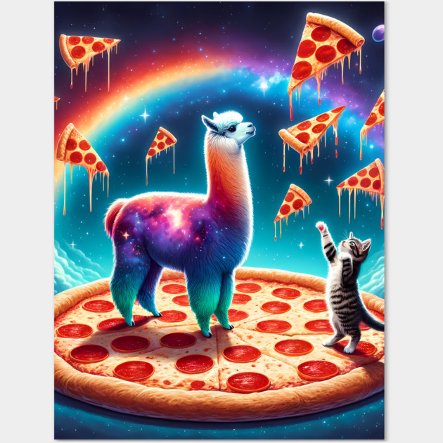 Funny Cat, Llama with Pizza Vibrant Wall Art by logiamerch