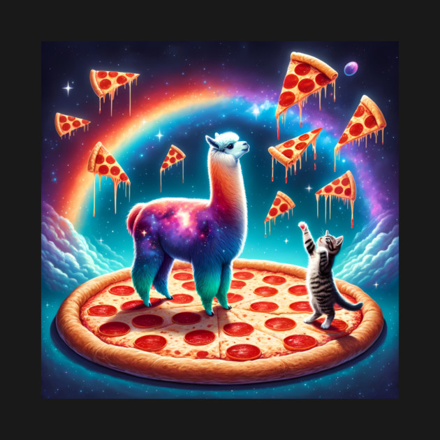 Funny Cat, Llama with Pizza Vibrant by logiamerch