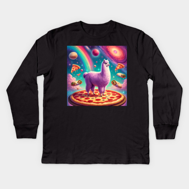 Funny Llama with Pizza and Tacos Vibrant Kids Long Sleeve T-Shirt by logiamerch