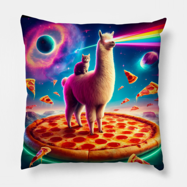Funny Llama with Cat, Pizza and Tacos Vibrant Pillow by logiamerch