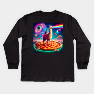Funny Llama with Cat, Pizza and Tacos Vibrant Kids Long Sleeve T-Shirt