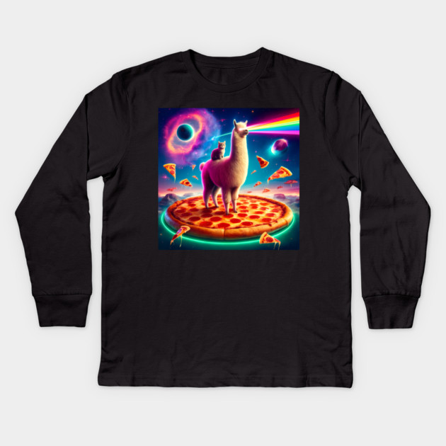 Funny Llama with Cat, Pizza and Tacos Vibrant Kids Long Sleeve T-Shirt by logiamerch