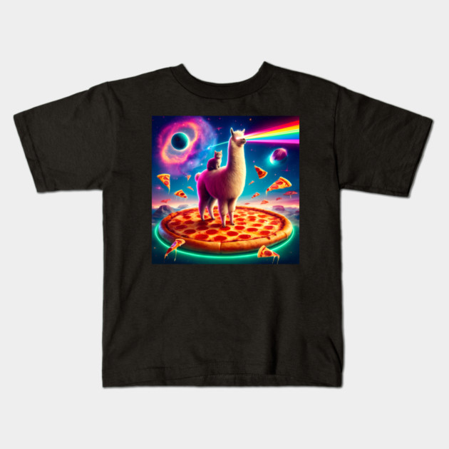 Funny Llama with Cat, Pizza and Tacos Vibrant Kids T-Shirt by logiamerch