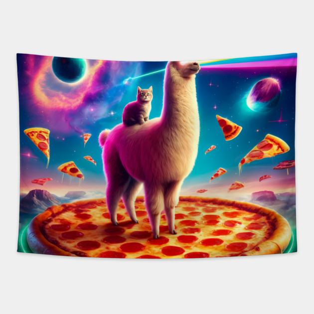 Funny Llama with Cat, Pizza and Tacos Vibrant Tapestry by logiamerch