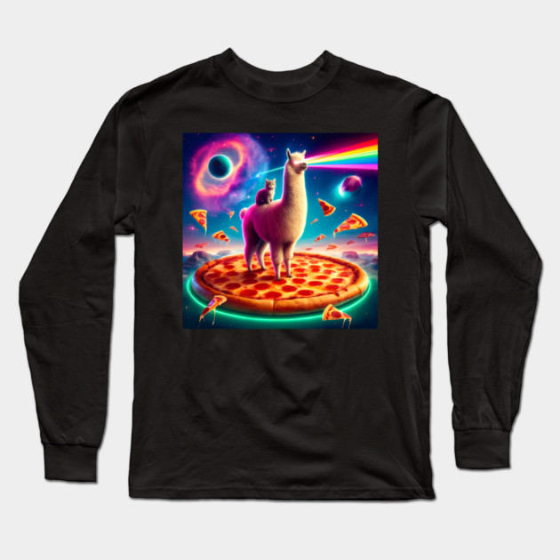 Funny Llama with Cat, Pizza and Tacos Vibrant Long Sleeve T-Shirt by logiamerch
