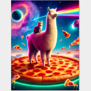 Funny Llama with Cat, Pizza and Tacos Vibrant Posters and Art