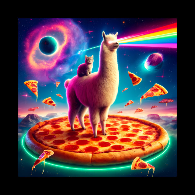 Funny Llama with Cat, Pizza and Tacos Vibrant by logiamerch