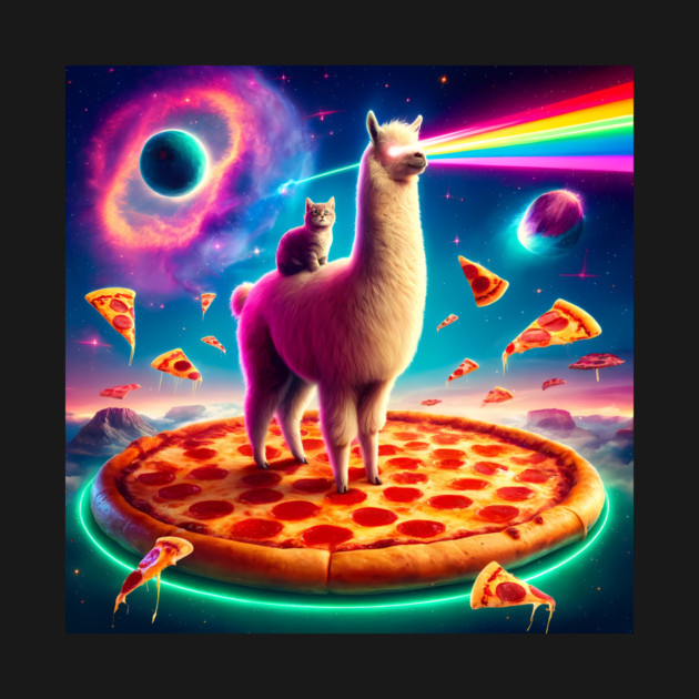 Funny Llama with Cat, Pizza and Tacos Vibrant by logiamerch