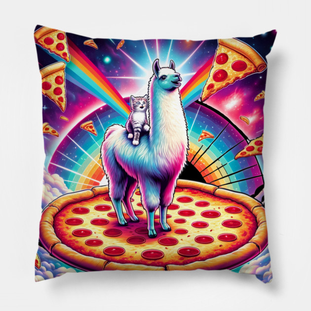 Funny Llama with Cat, Pizza and Tacos Vibrant Pillow by logiamerch