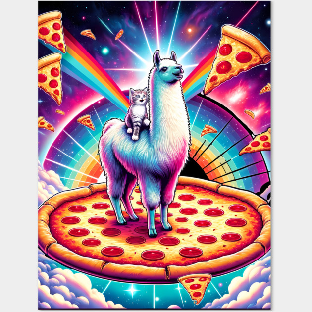 Funny Llama with Cat, Pizza and Tacos Vibrant Wall Art by logiamerch