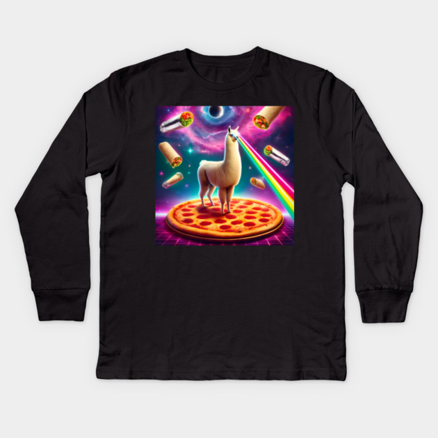 Funny Llama with Pizza and Tacos Vibrant Kids Long Sleeve T-Shirt by logiamerch
