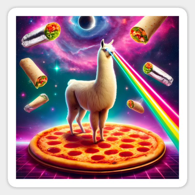 Funny Llama with Pizza and Tacos Vibrant Sticker by logiamerch