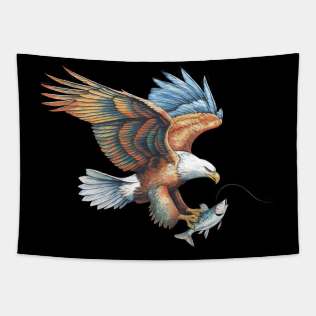 Eagle in Flight with Clutched Fish Caught Mid-Motion Tapestry by animegirlnft