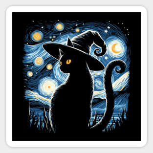 Vintage Scary Halloween Black Cat Costume Witch Hat Moon Sticker