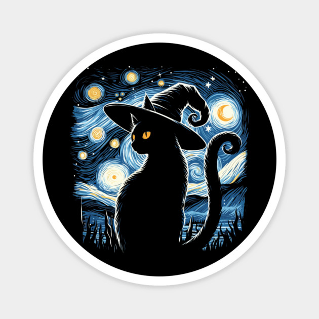 Vintage Scary Halloween Black Cat Costume Witch Hat Moon Magnet by JessArty