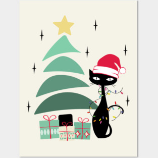 Retro Mid Century Atomic Classic Christmas Tree and Cat Posters and Art