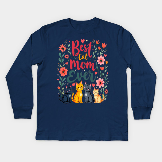 Best Cat Mom Ever Floral Design Kids Long Sleeve T-Shirt by BirdsnStuff