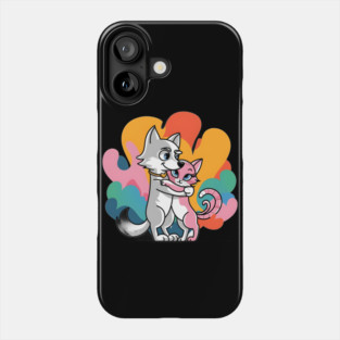 Grey Wolf hugging a Pink Cat, Both with Happy Expressions Phone Case