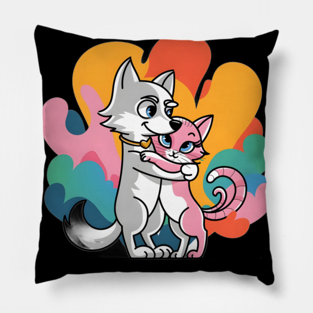Grey Wolf hugging a Pink Cat, Both with Happy Expressions Pillow by animegirlnft
