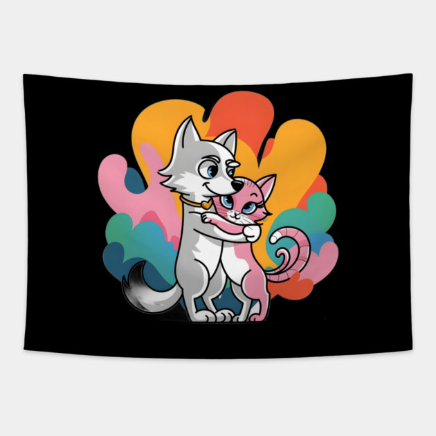 Grey Wolf hugging a Pink Cat, Both with Happy Expressions Tapestry by animegirlnft