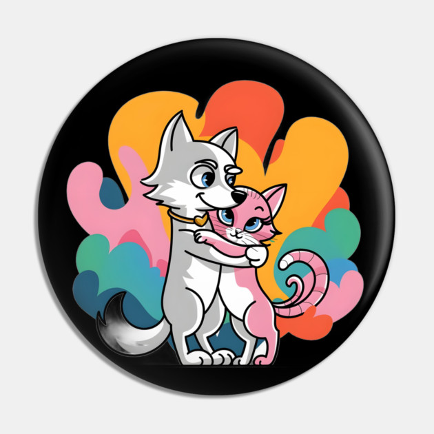 Grey Wolf hugging a Pink Cat, Both with Happy Expressions Pin by animegirlnft