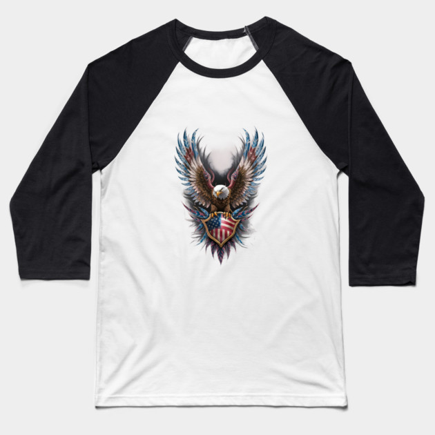 An Eagle with its Wings Spread, Clutching a Shield that Bears the Design of the American Flag Baseball T-Shirt by animegirlnft