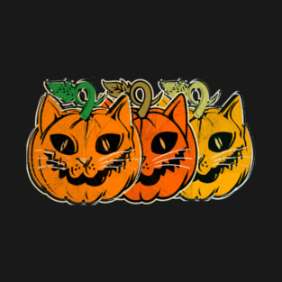Vintage Halloween Pumpkin Cat Distressed T-Shirt