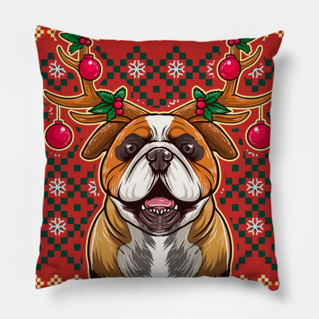 English Bulldog Ugly Christmas with Reindeer Antlers Pillow by creative