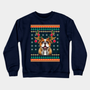 English Bulldog Ugly Christmas with Reindeer Antlers Crewneck Sweatshirt