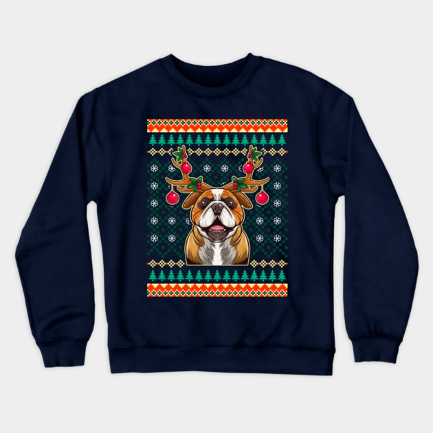 English Bulldog Ugly Christmas with Reindeer Antlers Crewneck Sweatshirt by creative
