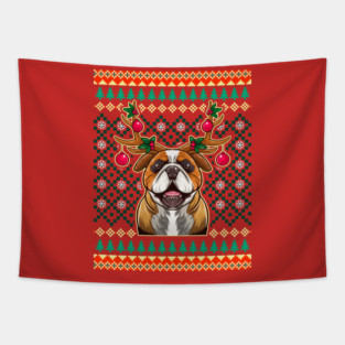 English Bulldog Ugly Christmas with Reindeer Antlers Tapestry