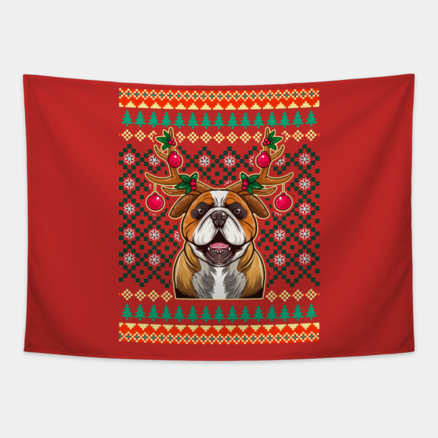 English Bulldog Ugly Christmas with Reindeer Antlers Tapestry by creative