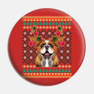 English Bulldog Ugly Christmas with Reindeer Antlers Pin