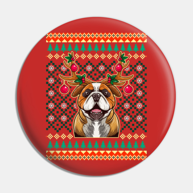 English Bulldog Ugly Christmas with Reindeer Antlers Pin by creative