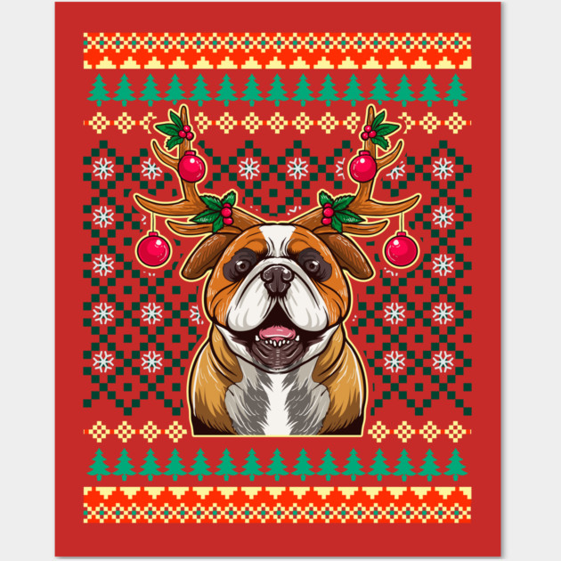 English Bulldog Ugly Christmas with Reindeer Antlers Wall Art by creative