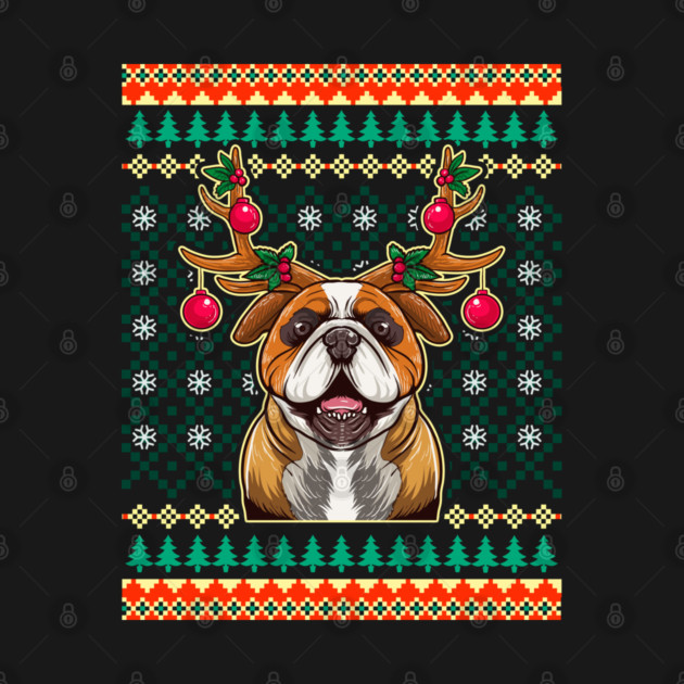 English Bulldog Ugly Christmas with Reindeer Antlers by creative