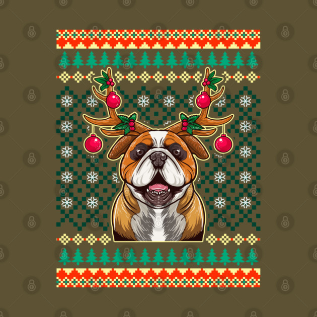 English Bulldog Ugly Christmas with Reindeer Antlers by creative
