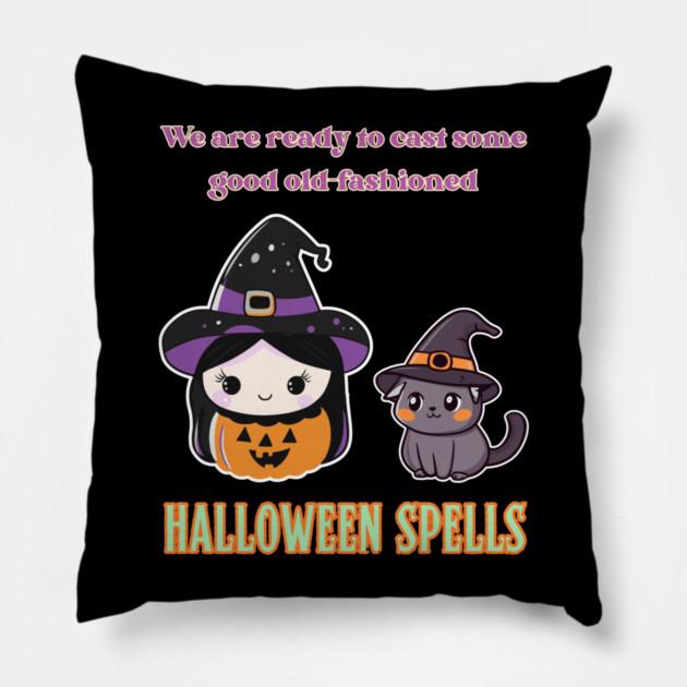 Halloween Witch & Cat - Funny & Cute - Spelling Magic Pillow by TuncGK