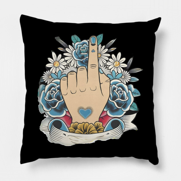 Shows a Hand With the Index Finger Raised,  Surrounded by Blue and white Flowers with Green Leaves and a Banner Below Pillow by animegirlnft