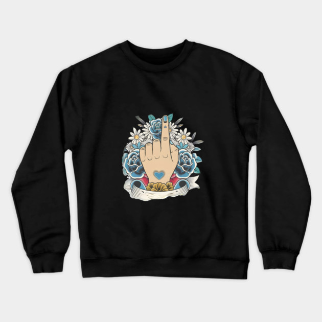 Shows a Hand With the Index Finger Raised,  Surrounded by Blue and white Flowers with Green Leaves and a Banner Below Crewneck Sweatshirt by animegirlnft