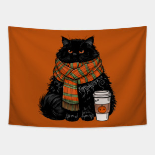 Autumn Vibes Coffee Cat Tapestry
