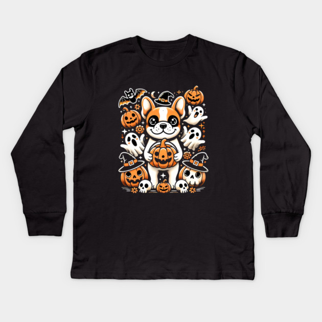 Funny Spooky Halloween, French Bulldog Kids Long Sleeve T-Shirt by logiamerch