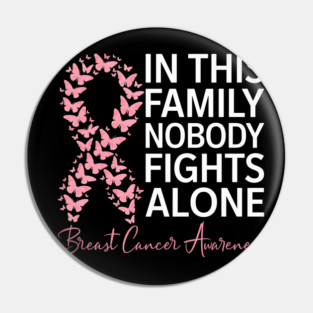 In This Family Nobody Fights Alone – Breast Cancer Awareness Pink Ribbon Butterflies Pin