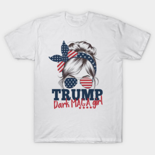 Trump Dark Maga Girl Messy Bun Trump 2024 Election American Flag T-Shirt